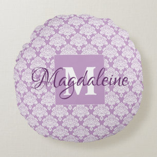 Lavender Lila Lacy Damask Chic Monogram & Name Rundes Kissen
