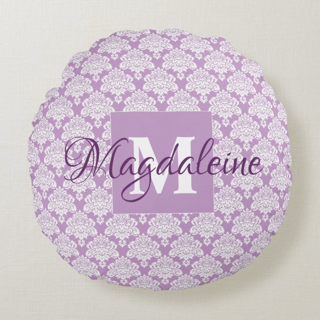 Lavender Lila Lacy Damask Chic Monogram & Name Rundes Kissen (Vorderseite)