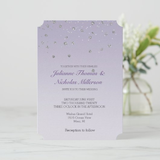 Lavender Lila Ombre Silver Confetti Sparkle Einladung (Stehend Vorderseite)