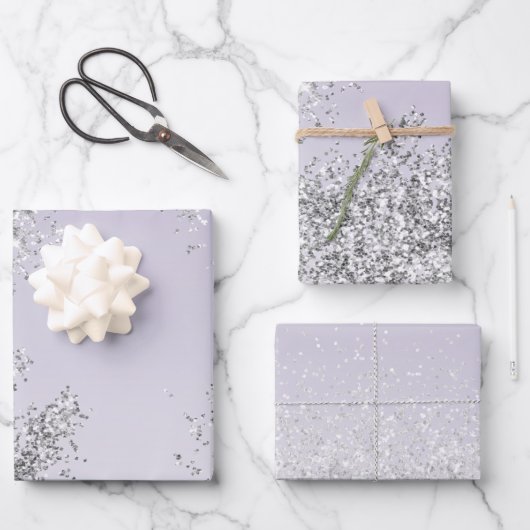 Lavender Lila Ombre Silver Glitzer Sparkle Geschenkpapier Set (Vorderseite)