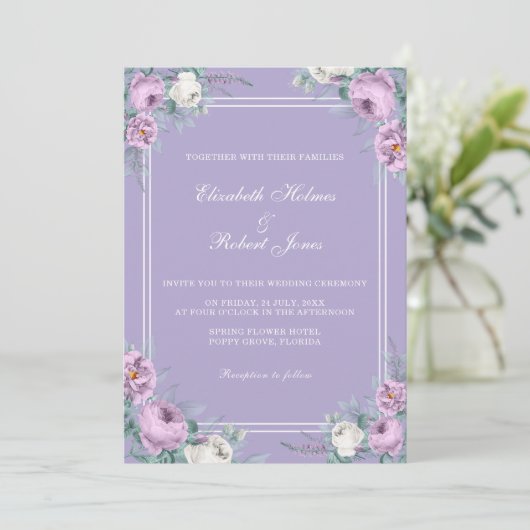 Lavender Lila Peonies Hochzeitseinladung Einladung (Stehend Vorderseite)