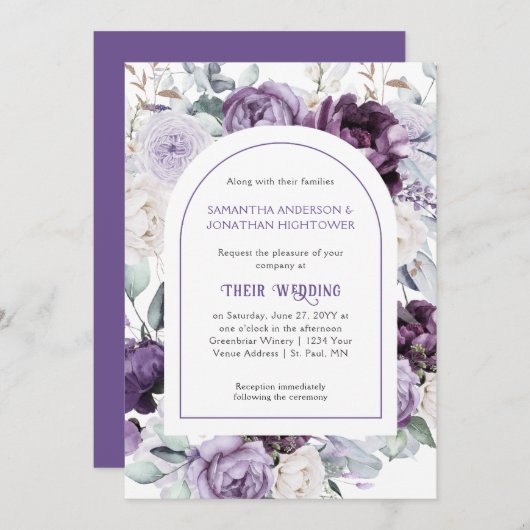 Lavender Lila Peonies Oval Border Wedding | Invi Einladung (Vorne/Hinten)
