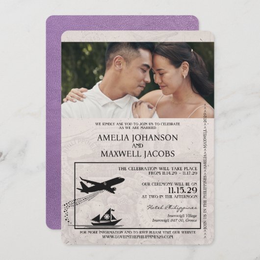 Lavender Lila Philippines Passport Wedding Einladung (Vorne/Hinten)