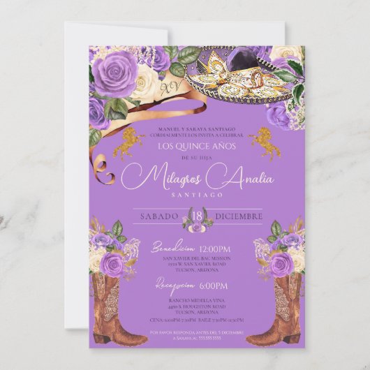 Lavender Lila Rose Extravagant Charra Quinceanera Einladung (Vorderseite)