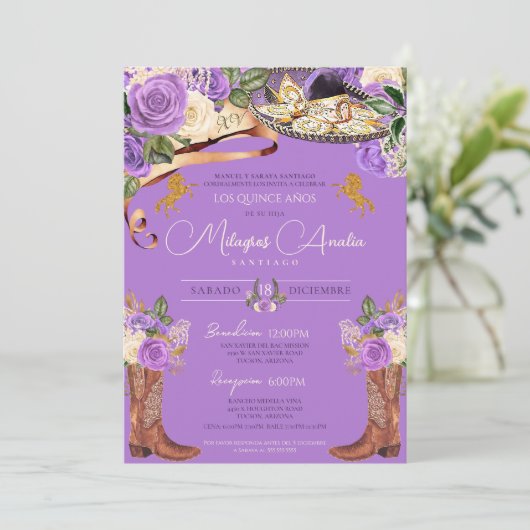 Lavender Lila Rose Extravagant Charra Quinceanera Einladung (Stehend Vorderseite)