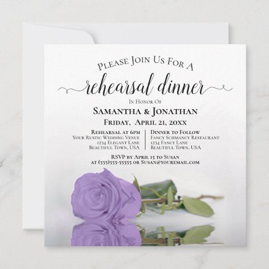Lavender Lila Rose Hochzeit Probe & Abendessen Einladung (Vorderseite)