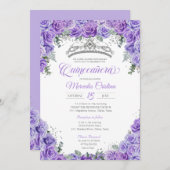 Lavender Lila Rose & Silver Tiara Quinceanera Einladung (Vorne/Hinten)