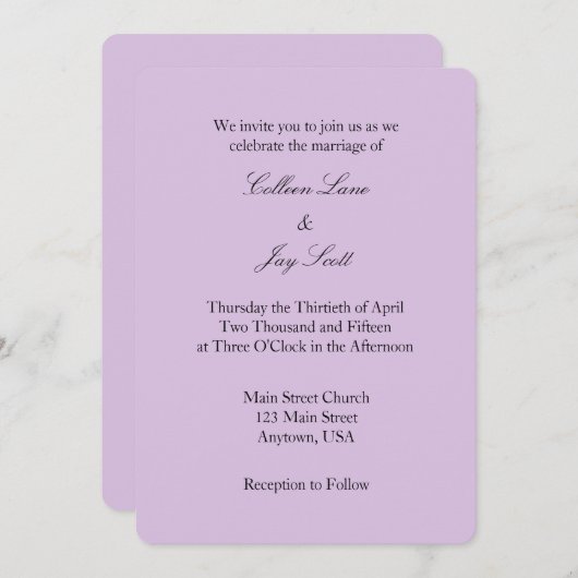 Lavender Lila Schlichte Einladung zur Hochzeit (Vorne/Hinten)