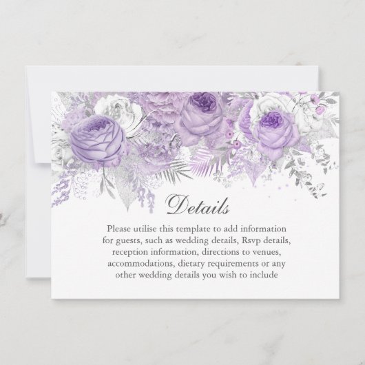 Lavender Lila Silver Blume Hochzeitsdetails Einladung (Vorderseite)