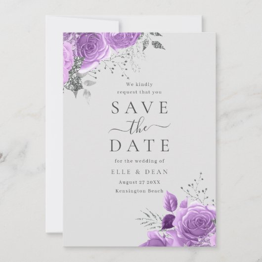 Lavender Lila & Silver Floral Elegante Hochzeit Save The Date (Vorderseite)