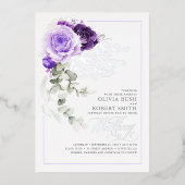 Lavender Lila & Silver Foil Floral Boho Wedding Folieneinladung (Vorderseite)