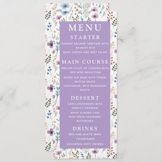Lavender Lila Wasserfarbenflora Hochzeitsfeier Menükarte (Vorne/Hinten)