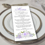 Lavender Lila Wasserfarbenflora Hochzeitsfeier Menükarte<br><div class="desc">Dieses wunderschöne Hochzeitsmenü besticht durch ein rustikales boho-elegantes Design mit einem Kalligraphietitel und handgemalten Aquarellfarben-Rose, Blüten und Grünpflanzen in blassen Lavendeltönen und lila lila. Der Text ist vollständig anpassbar mit Platz für den Namen und das Hochzeitstag des Paares auf der Rückseite. Elegant, stilvoll und schick, ist diese Karte eine großartige...</div>