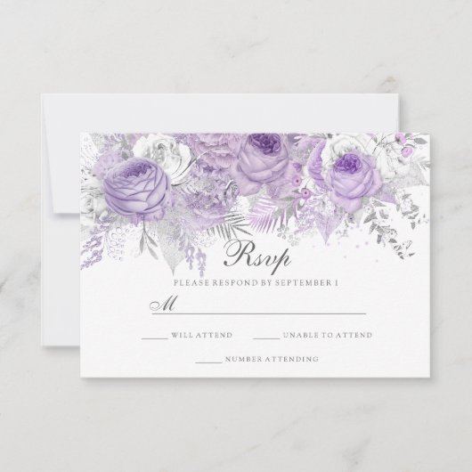 Lavender Lila White Silver Blume Wedding RSVP Karte (Vorderseite)