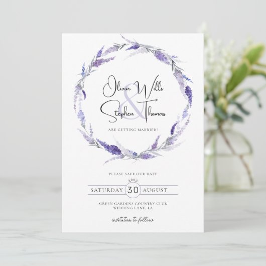 Lavender Lilac Floral Botanical Boho Save the Date Einladung (Stehend Vorderseite)