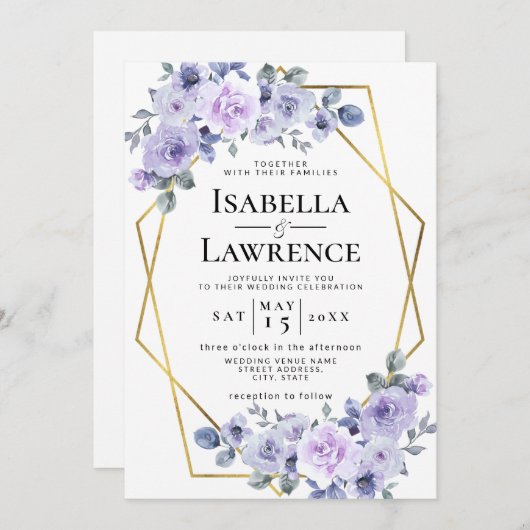 Lavender Lilac Floral Gold Frame Elegante Hochzeit Einladung (Vorne/Hinten)