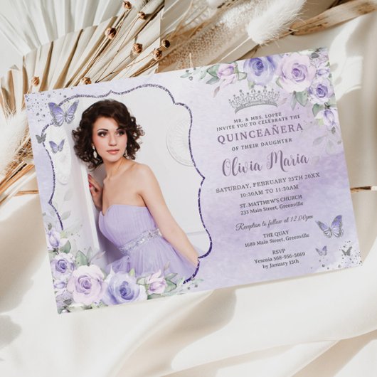 Lavender Lilac Lila Floral Foto Quinceañera Einladung