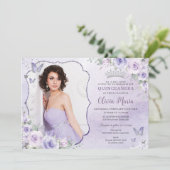 Lavender Lilac Lila Floral Foto Quinceañera Einladung (Stehend Vorderseite)