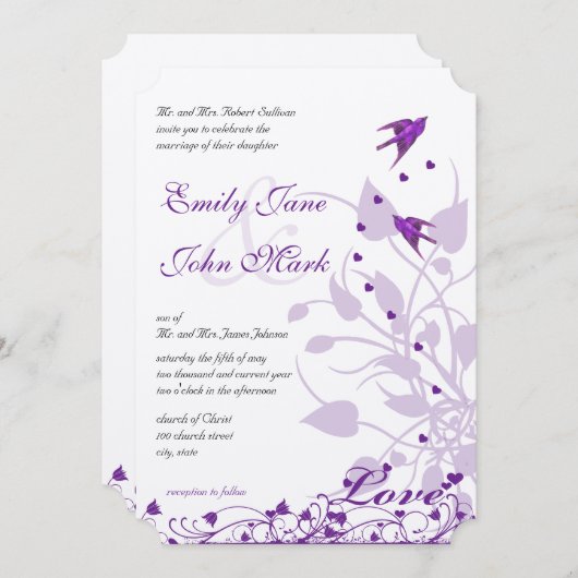 Lavender & Lilac Lila Plum Love Bird Wedding Einladung (Vorne/Hinten)