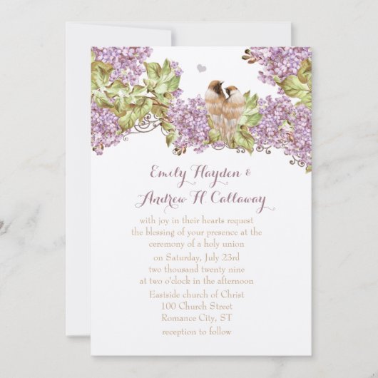 Lavender Lilac Love Bird Wedding Einladung (Vorderseite)