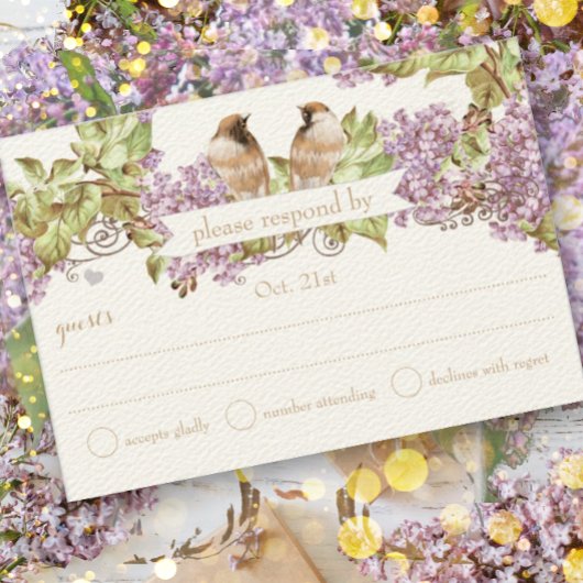 Lavender Lilac Love Bird Wedding RSVP Karte