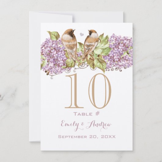Lavender Lilac Love Bird Wedding Tischnummer Card (Vorderseite)