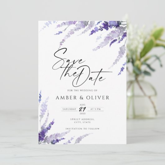 Lavender Lilac Mauve Floral Elegant Save the Date Einladung (Stehend Vorderseite)