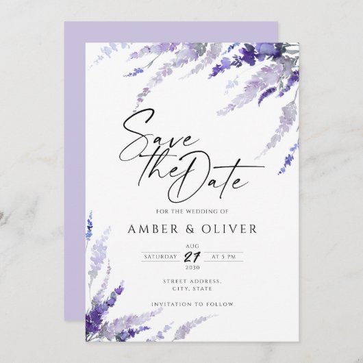 Lavender Lilac Mauve Floral Elegant Save the Date Einladung (Vorne/Hinten)
