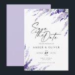 Lavender Lilac Mauve Floral Elegant Save the Date Einladung<br><div class="desc">Blumenfarben Hochzeit speichern Sie die Datumskarte. Elegante, blumengeschmückte Save the Date-Karte mit schönen handbemalten Aquarelllavendern-Blume in staubigen lila, lila, violett, violett und lavendelfarbenen mit eleganter Kalligraphie-Schrift und Lavendelfarbe im Hintergrund. Moderne Aquarellblumen Hochzeit speichern die Dattelkarte. Sie können den Wortlaut, den Stil des Schriftartes, die Farbe und die Größe vor und...</div>