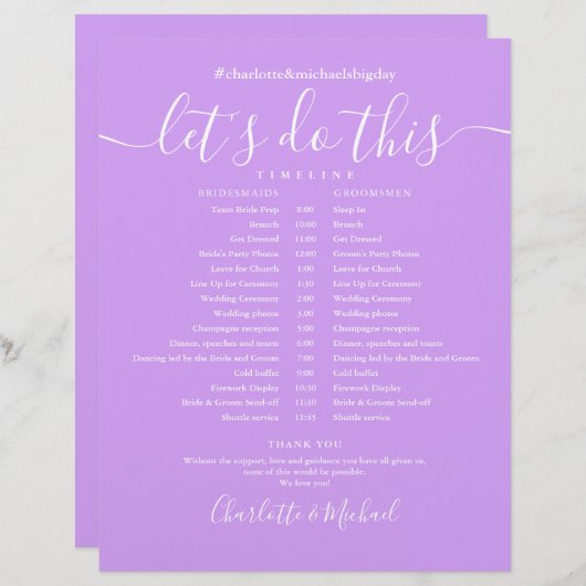 Lavender Lilac Modern Wedding Zeitplan Zeitleiste (Vorne/Hinten)