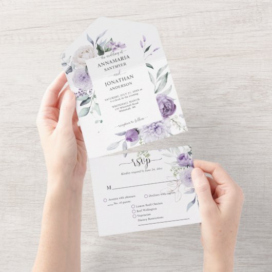 Lavender Lilac Purple Peonies Greenery Wedding All In One Einladung (Abreißen)