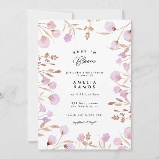 Lavender Lilac Watercolor Blume Babydusche Einladung (Vorderseite)