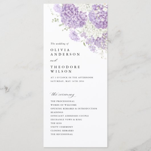 Lavender Lilac White Floral Wedding Ceremony Programm (Vorderseite)