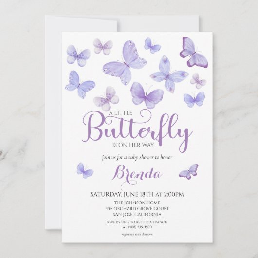 Lavender Little Butterfly Girl Babydusche Einladung (Vorderseite)