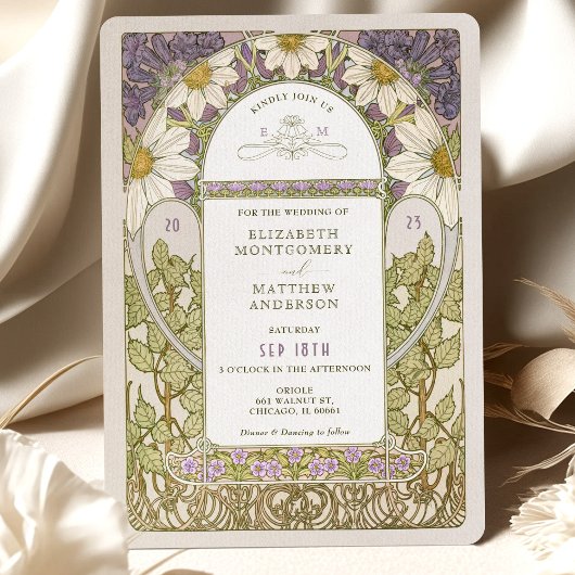 Lavender Marguerite Daisy Wedding Art Nouveau Einladung