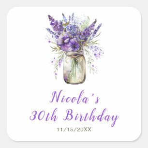 Lavender Mason Jar Birthday Quadratischer Aufkleber