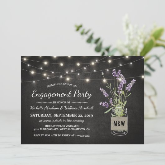 Lavender Mason Jar Lights Rustikale Engagement Par Einladung (Stehend Vorderseite)
