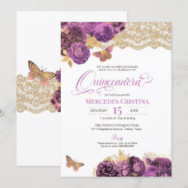 Lavender Mauve Rose & Lace Butterfly Quinceañera Einladung