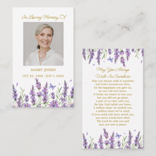 Lavender Memorial Photo Funeral Prayer Card Visitenkarte (Vorne/Hinten)