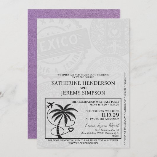 Lavender Mexico Passport Wedding Einladung (Vorne/Hinten)