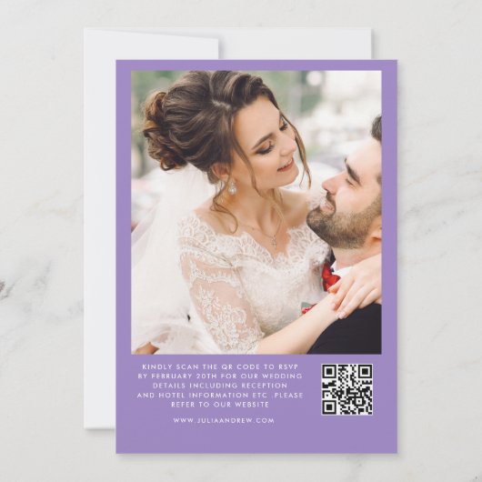 Lavender Minimal-Script QR-Code-Foto Hochzeit Einladung (Rückseite)
