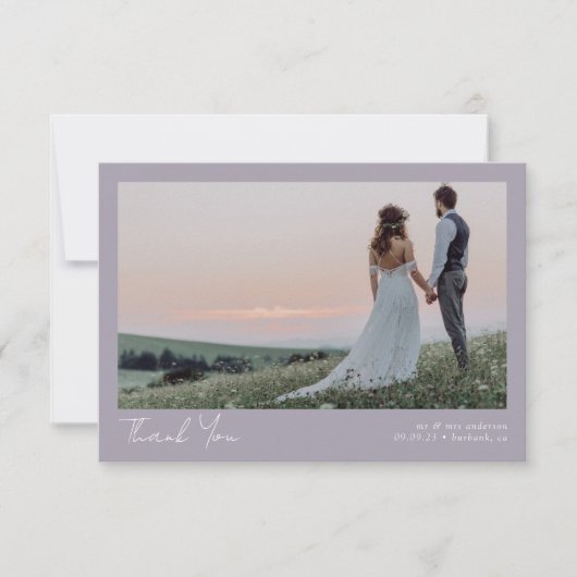 Lavender Minimalistisch 2 Foto Calligrafy Wedding Dankeskarte (Vorderseite)