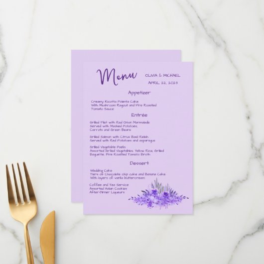 Lavender minimalistisch elegante Hochzeitsmenü Menükarte (Vorderseite/Rückseite Beispiel)