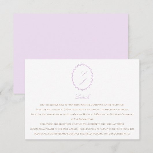 Lavender Minimalistisch Monogram Wedding Begleitkarte (Vorne/Hinten)