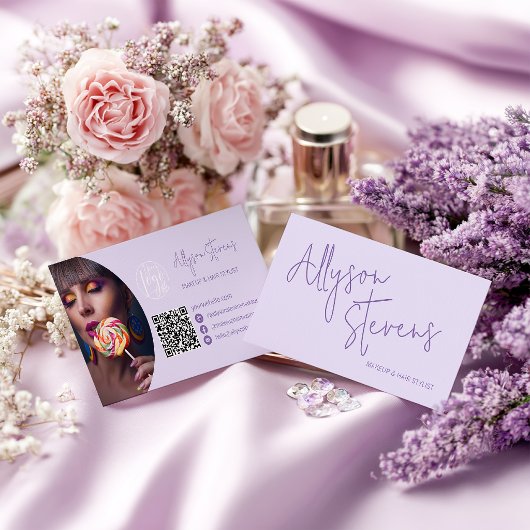 Lavender Modern name script makeup hair logo qr Visitenkarte