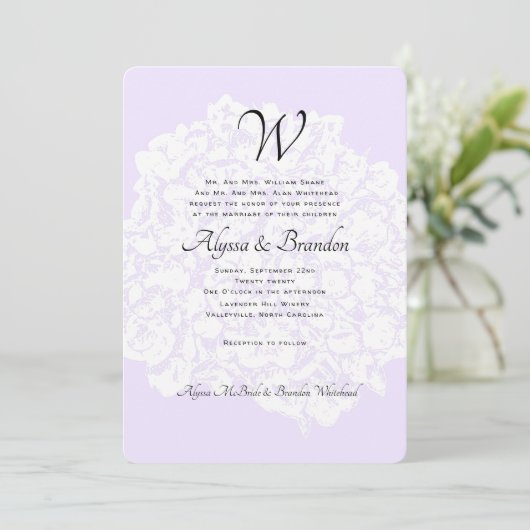 Lavender Monogram Elents Wedding Einladung (Stehend Vorderseite)