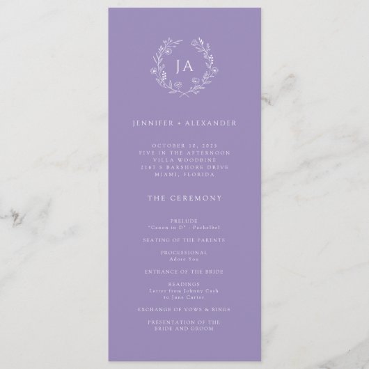 Lavender Monogram Wedding Programm (Vorderseite)