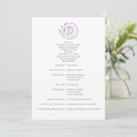 Lavender Monogram Wedding Programm (Stehend Vorderseite)