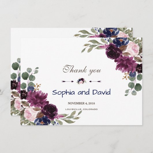 Lavender Navy Blue Floral Bloom Hochzeit Vielen Da Dankeskarte (Vorne/Hinten)