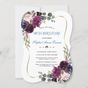 Lavender Navy Gold Floral Bloom 18. Geburtstag Einladung
